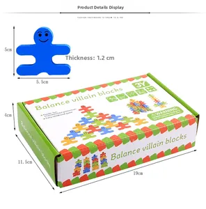 Detailed view of balance villain blocks with dimensions and retail packaging box