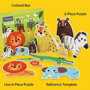 6-in-1 forest animal puzzles set for kids featuring lion and elephant in a green box