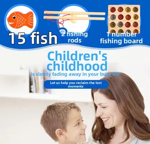Detail of wooden magnetic fishing toy with 15 numbered fish, 2 rods and board for kids