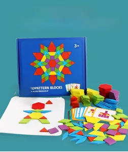 Detailed set of 155 colorful geometric wooden puzzle pieces with bilingual guide cards