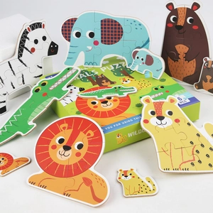 6-in-1 wooden animal puzzle set with colorful lion and elephant for toddler education