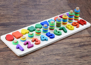 Detail of wooden Montessori toy with colorful counting rings and geometric shapes