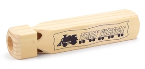 Close-up of wooden train whistle showing natural wood grain and TRAIN WHISTLE text