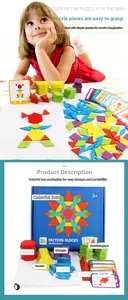 Detailed set of 155 colorful geometric wooden pattern blocks with instructional cards for kids