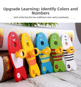 Detailed view of colorful wooden fish toys with numbers for early educational learning