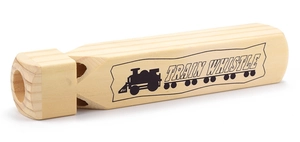 Detailed macro shot of wooden train whistle showing natural grain and logo