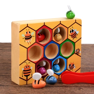 Montessori wooden beehive toy with colorful bees and tweezers for fine motor skills