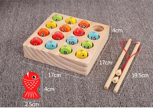 Detailed dimensions of magnetic wooden fishing toy with colorful numbered fish and base