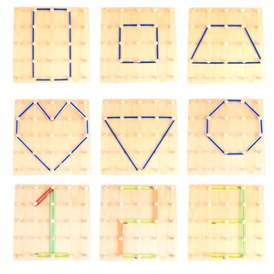 5x5 wooden geoboard toy set with colored bands showing geometric shapes and numbers