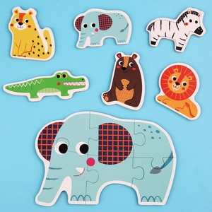Educational wooden animal puzzle set for toddlers featuring lion elephant and zebra