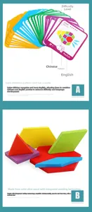 Close-up of wooden geometric puzzle blocks and pattern challenge cards for kids