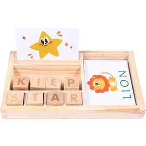 Educational wooden alphabet spelling blocks with cartoon flashcards for kids learning