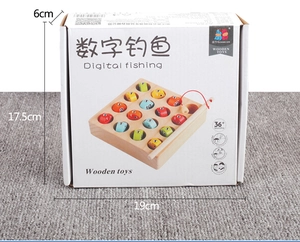 Retail box packaging showing 19x17.5x6cm dimensions for wooden magnetic fishing game