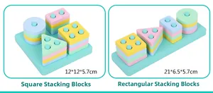 Détail d'un jeu de tri de formes géométriques en bois aux couleurs pastel pour enfants