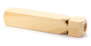 Close-up of a smooth wooden train whistle for kids with natural wood grain texture