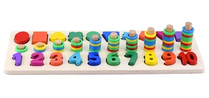 Detail view of wooden educational toy board featuring color counting rings and geometric shapes