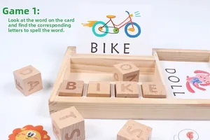 Macro detail of wooden alphabet blocks and illustrated word cards for early learning