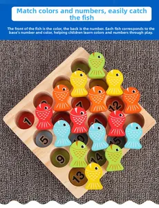 Macro view of wooden magnetic fishing toy with 15 colorful numbered fish for kids