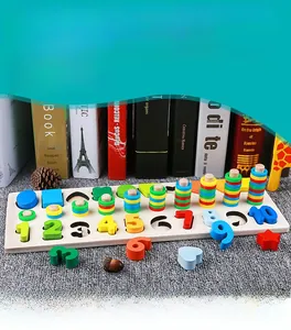 Detail of wooden 3-in-1 puzzle board with colorful numbers and geometric shapes for counting