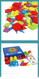 Macro view of 155-piece colorful wooden geometric shape blocks with pattern cards