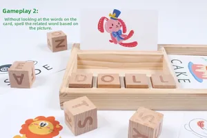 Macro detail of wooden alphabet blocks with learning cards and storage tray base