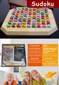 Macro detail of wooden Sudoku board game with 81 colorful pieces and gift box packaging