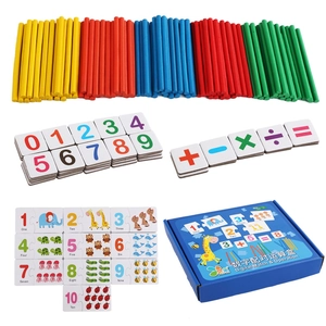 Educational wooden math set with colorful counting sticks and animal number puzzles