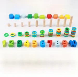 Close-up of 3-in-1 wooden educational puzzle with colorful numbers, shapes and sorting rings
