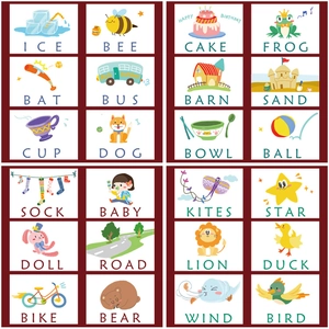 Detailed educational grid of English word learning cards with cute cartoon illustrations