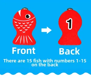 Detailed front and back view of red wooden magnetic fish numbered 1 for kids' fishing game