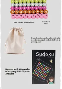 Detail of wooden Sudoku toy blocks with colorful numbers, storage bag and manual