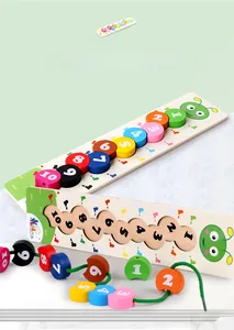 Close-up of wooden caterpillar number beads and lacing string for educational toy