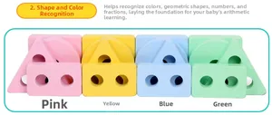 Détails de blocs géométriques en bois colorés en rose, jaune, bleu et vert pour enfants