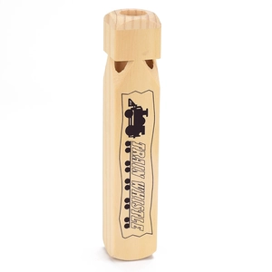Handcrafted four-tone wooden train whistle toy with vintage steam engine graphic