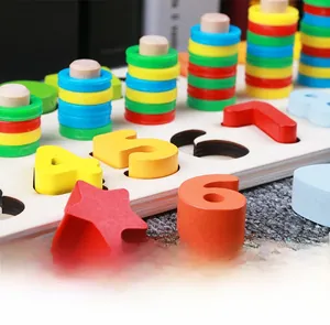 Detail of wooden Montessori toy with colorful rings and number blocks for math learning