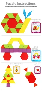 Detail of colorful geometric wooden puzzle shapes creating animals and vehicles