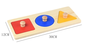 Macro view of 30cm Montessori wood puzzle with red square blue circle yellow triangle