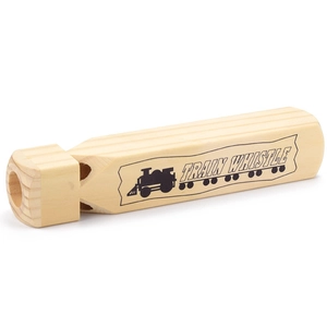 Handcrafted wooden train whistle for children with natural grain and steam engine print
