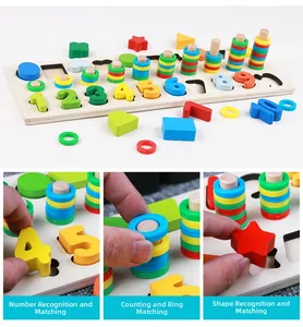 Detail of hand placing wooden numbers and colorful rings on a Montessori learning board