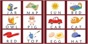 Educational wood alphabet puzzle cards featuring colorful CVC word cartoons for kids