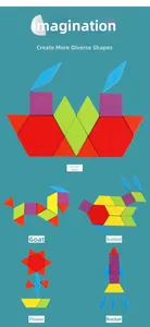 Detailed views of creative wooden pattern blocks forming shapes like rockets and flowers