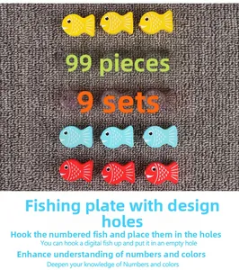 Detailed set of 15 colorful magnetic wooden fish toys for kids numeric education