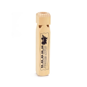 Octagonal wooden train whistle toy with locomotive graphics and natural wood grain