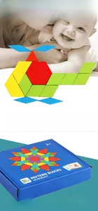 Close-up of 155-piece wooden geometric pattern blocks and colorful toy storage box