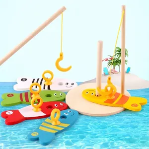 Educational wooden fishing toy set with numbered colorful fish and poles for kids