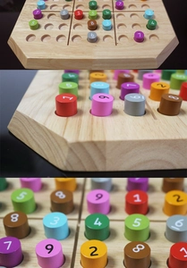 Macro view of wooden Sudoku board with colorful number pegs for logic training