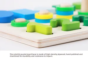 Close-up of polished wooden puzzle pieces with rounded edges and vibrant numbers on the board