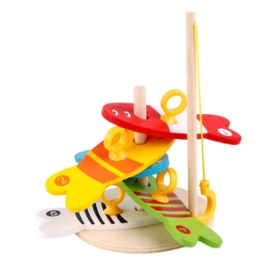 Educational wooden magnetic fishing game with colorful numbered fish and a central pillar