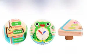Detail of wooden 7-in-1 calendar clock toy showing smooth edges and multilayer solid wood