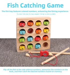 Wooden magnetic fishing toy set with numbered colorful fish and poles for motor skills
